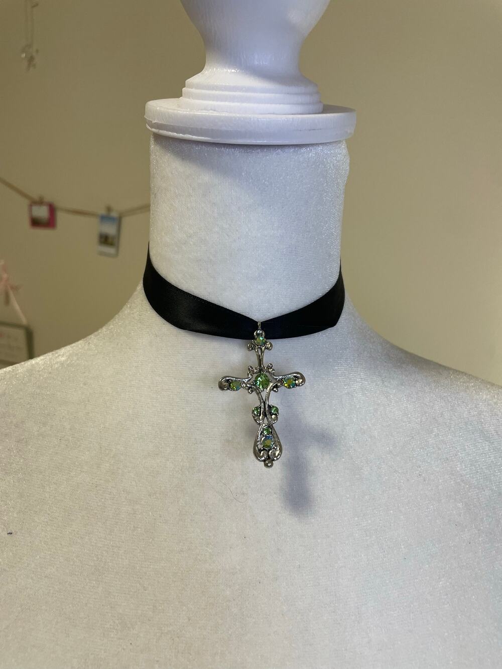 vintage silver and green jewel cross necklace